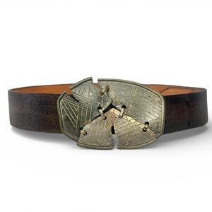 Rare Vintage Diesel Black Gold Brown Leather Belt Broken Brass Statement Buckle